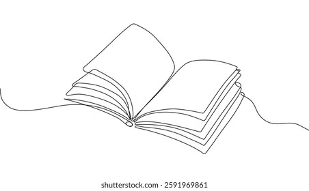Minimalist continuous one line drawing of an open book, symbolizing online libraries, digital file systems