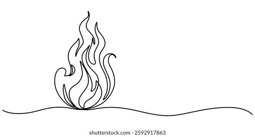 Minimalist continuous one line drawing of a Flame Icon for Heat, Fire, and Energy Concept Design, Fire one continuous line drawing. Abstract black and white minimal single line art, Flame in pro style