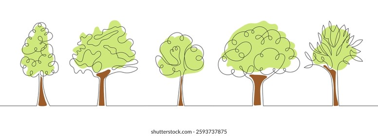 Minimalist continuous one line drawing of green trees on a white background. Perfect for garden decoration, park design, and forest illustrations.