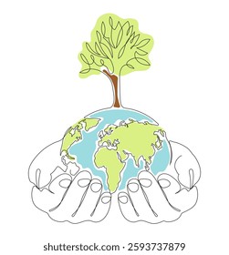 Minimalist continuous one line drawing of a hand holding the Earth with trees, symbolizing World Environment Day,