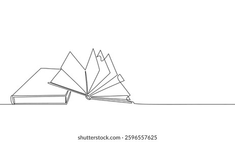 Minimalist continuous one line drawing of an open book with dynamic pages and a closed book beside it. Ideal for education, literature, knowledge, learning, and academic concepts. Editable line