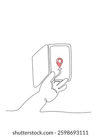 Minimalist continuous one line drawing of a hand holding a smartphone with a location pin on the screen. Concept of navigation, GPS, and mobile technology, White background, Vector Editable stroke