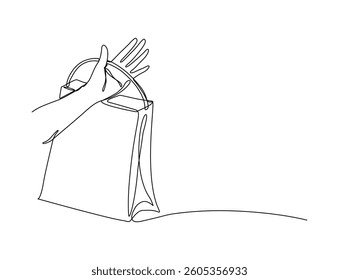 Minimalist continuous one line drawing of a hand holding a shopping bag. Simple, elegant, and modern illustration perfect for e-commerce, retail, and shopping-related designs, Vector Editable stroke