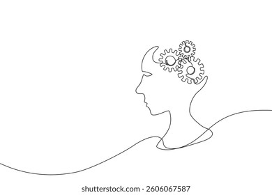 Minimalist continuous one line drawing of a human head with cogs and gears inside, symbolizing thinking, creativity, and innovation. for AI, psychology, and business concepts. Vector Editable stroke