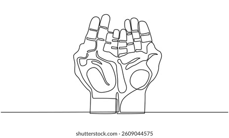 A minimalist, continuous one line drawing depicts two hands in a praying position against a plain white background.