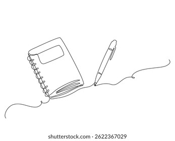 Minimalist continuous one line drawing of a spiral notebook and ballpoint pen, simple office or study supplies sketch in modern abstract style. isolated on white, Vector Editable stroke