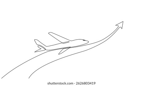 Minimalist continuous one line drawing of a take-off airplane, Simple and elegant design, perfect for travel concepts, aviation themes, and flight illustrations. Vector Editable stroke
