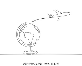 Desenho minimalista contínuo de uma linha de um globo e avião, simbolizando viagens, exploração e conectividade global em uma arte de linha simples.