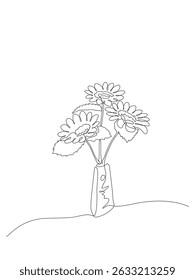 Minimalist continuous one line drawing of a flower vase with blooming daisy-like flowers. Simple, elegant, and hand-drawn art in a clean monochrome style. Vector illustration, Editable stroke