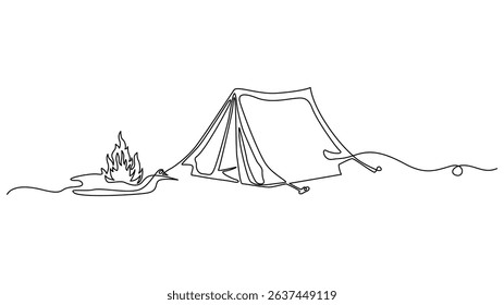 A minimalist continuous One line drawing of a camping tent and campfire.