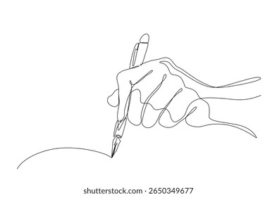 Minimalist Continuous one line drawing of a hand holding a pen and drawing, representing creativity, art, and manual design process. Vector  illustration, Editable stroke