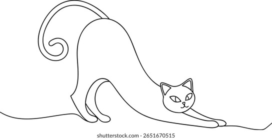 Minimalist Continuous One Line Drawing of a Cat Stretching Its Body Representing Relaxation and Playful Pet Behavior