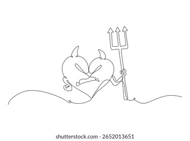 Minimalista Desenho contínuo de uma linha de um coração diabólico com chifres, cauda e um tridente, simbolizando amor tóxico ou um lado travesso de afeto. Traçado editável de vetor