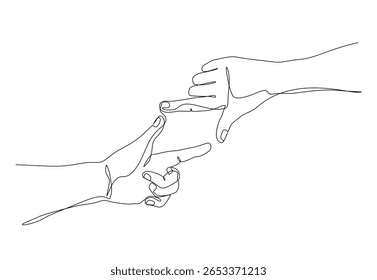 Minimalistische durchgehende einzeilige Zeichnung von zwei Händen, die einen rechteckigen Rahmen bilden und Vision, Kreativität und Perspektive symbolisieren. Vektorgrafik, bearbeitbarer Strich