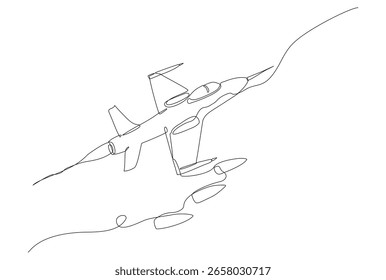 Dibujo minimalista de una línea de un avión de combate que lanza un misil en pleno vuelo, ilustrando la acción militar, la velocidad y la precisión en un estilo de Vector limpio y moderno. Trazo editable de Vector