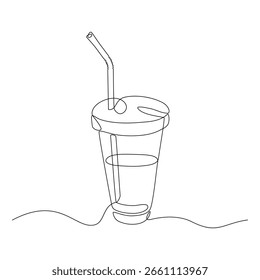 Dibujo minimalista continuo de una línea de una taza de plástico con tapa y pajita, que simboliza el refresco y la comodidad moderna en una forma simple y elegante. Ilustración vectorial, trazo editable