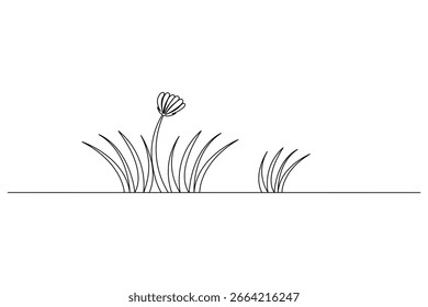 Minimalist continuous one line drawing of grass and a flower on a white background, perfect for modern decor