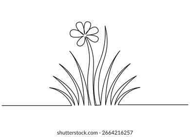 Minimalista contínuo um desenho de linha de grama e uma flor em um fundo branco, perfeito para a decoração moderna