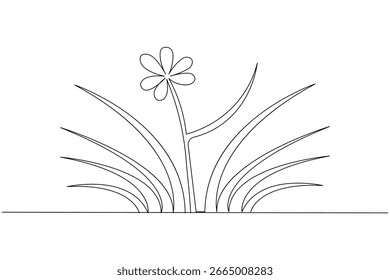 Dibujo continuo minimalista de una línea de una flor con hierba sobre un fondo blanco, perfecto para el arte moderno