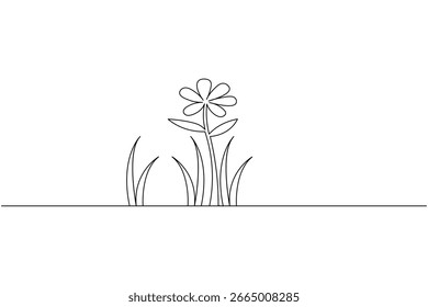 Dibujo continuo minimalista de una línea de una flor con hierba sobre un fondo blanco, perfecto para el arte moderno