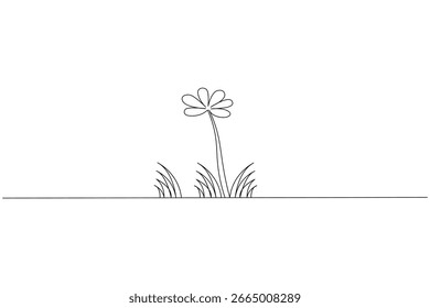 Minimalistische durchgehende einzeilige Zeichnung einer Blume mit Gras auf weißem Hintergrund, perfekt für moderne Kunst