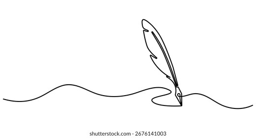 Desenho minimalista contínuo de uma linha de uma garrafa de tinta e caneta de pena. Um desenho de linha da caneta de pena. ilustração de vetor de linha única. fundo branco isolado. Ilustração vetorial, Pro Editable 
