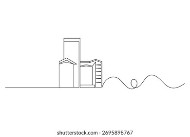 Minimalist continuous one line drawing of a modern office building simple outline vector illustration.