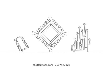 Desenho minimalista contínuo de uma linha de microchips eletrônicos e elementos de placa de circuito, simbolizando tecnologia, inovação e conexão digital. Ilustração do vetor da CPU, Traço editável.