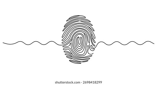A minimalist continuous one line drawing of a human fingerprint pattern. This abstract graphic symbolizes digital security, personal identity, and biometric verification.