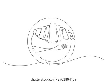 Minimalist continuous one line drawing of a croissant on a plate with a fork, symbolizing breakfast and cafe culture in a simple, elegant style. Vector illustration. Editable stroke