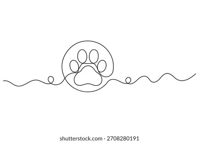 Minimalist continuous one line drawing of a dog or cat pet paw print on white background.