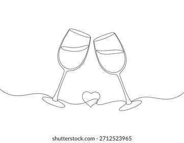 Dibujo continuo minimalista de una línea de dos copas de vino tintineando en tostadas, formando forma de corazón. Arte lineal elegante perfecto para ocasiones románticas, invitaciones de boda, tarjetas de San Valentín, diseños de aniversario.