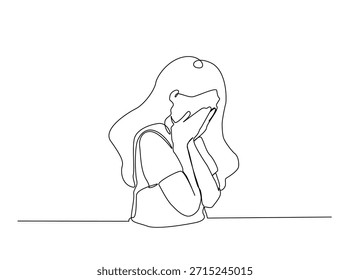 Dibujo continuo minimalista de una línea de una mujer que cubre su cara con las manos, arte conceptual de salud mental