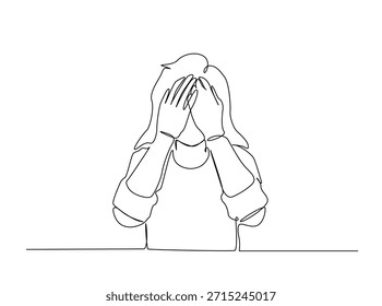 Dibujo continuo minimalista de una línea de una mujer que cubre su cara con las manos, arte conceptual de salud mental