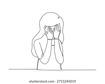 Dibujo continuo minimalista de una línea de una mujer que cubre su cara con las manos, arte conceptual de salud mental