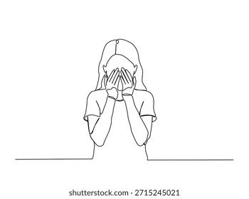Dibujo continuo minimalista de una línea de una mujer que cubre su cara con las manos, arte conceptual de salud mental