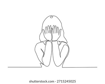 Minimalist Continuous One Line Drawing of a Woman Covering Her Face with Hands, Mental Health Concept Art