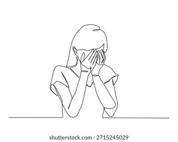 Dibujo continuo minimalista de una línea de una mujer que cubre su cara con las manos, arte conceptual de salud mental