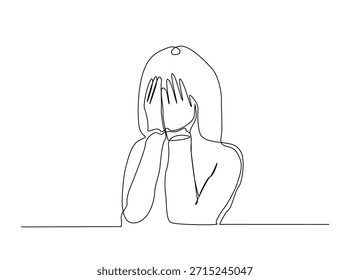 Dibujo continuo minimalista de una línea de una mujer que cubre su cara con las manos, arte conceptual de salud mental