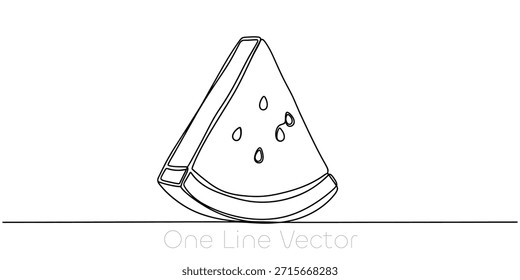 Minimalist continuous one line drawing of a fresh watermelon slice with visible seeds. Ideal for summer menus. healthy food concepts. or refreshing drink designs. Vector illustration
