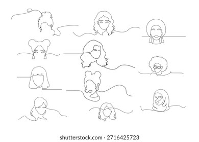 Dibujo continuo minimalista de una línea de las caras de las mujeres, Arte vectorial femenino estético Abstractas