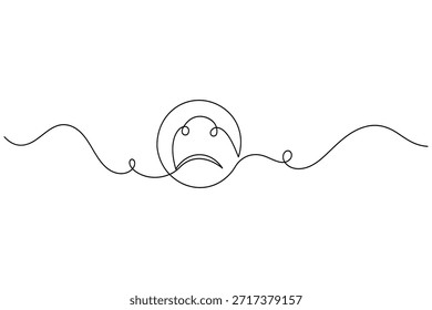 Dibujo continuo minimalista de una línea de un icono de emoji de cara triste con camino ondulado