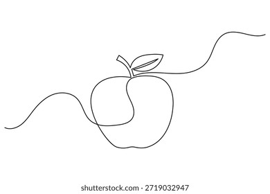 Desenho minimalista contínuo de uma linha de uma maçã fresca com ilustração de vetor de folha