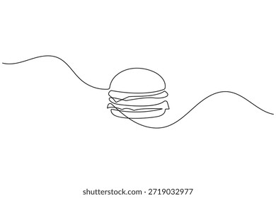 Dibujo continuo minimalista de una línea de una deliciosa hamburguesa para la marca del menú de comida rápida