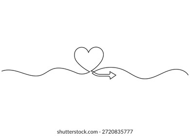 Dibujo continuo minimalista de una línea de corazón con forma de flecha