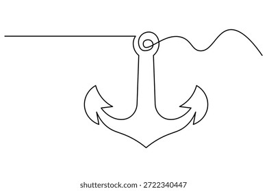 Minimalist continuous one line drawing of marine ship anchor, suitable for nautical logo branding, sailing lifestyle posters, yacht club visuals, coastal decor prints, and clean ocean inspired design use