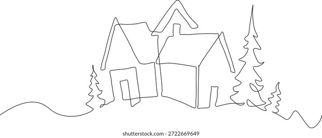 Minimalista contínuo desenho de uma linha de uma paisagem rural, casas de aldeia em uma colina com árvores, linha arquitetural moderna ilustração de arte