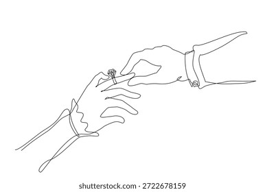 Minimalistische durchgehende einzeilige Zeichnung eines Mannes, der sanft den Ringfinger einer Frau mit einem Diamanten-Ehering hält und Liebe, Engagement, Ehe und lebenslanges Versprechen symbolisiert. Bearbeitbarer Strich