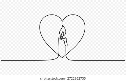 Minimalistische kontinuierliche einzeilige Zeichnung einer brennenden Kerze in einem Herzen, Sympathie und Gedächtnis Vektorgrafik für Trauer, Trauer, Erinnerung und ewige Liebe