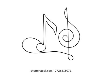 Minimalistische durchgehende einzeilige Zeichnung von Noten auf sauberem, weißem Hintergrund. Abstrakte musikalische Illustration ideal für moderne Design-Musikkonzepte, Branding und kreative Projekte.